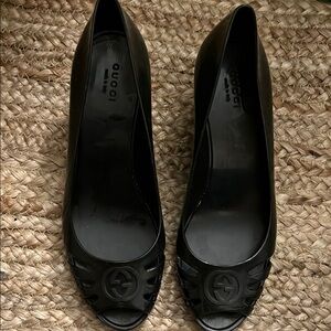 Gucci Black Wedge Peep Toe Shoes